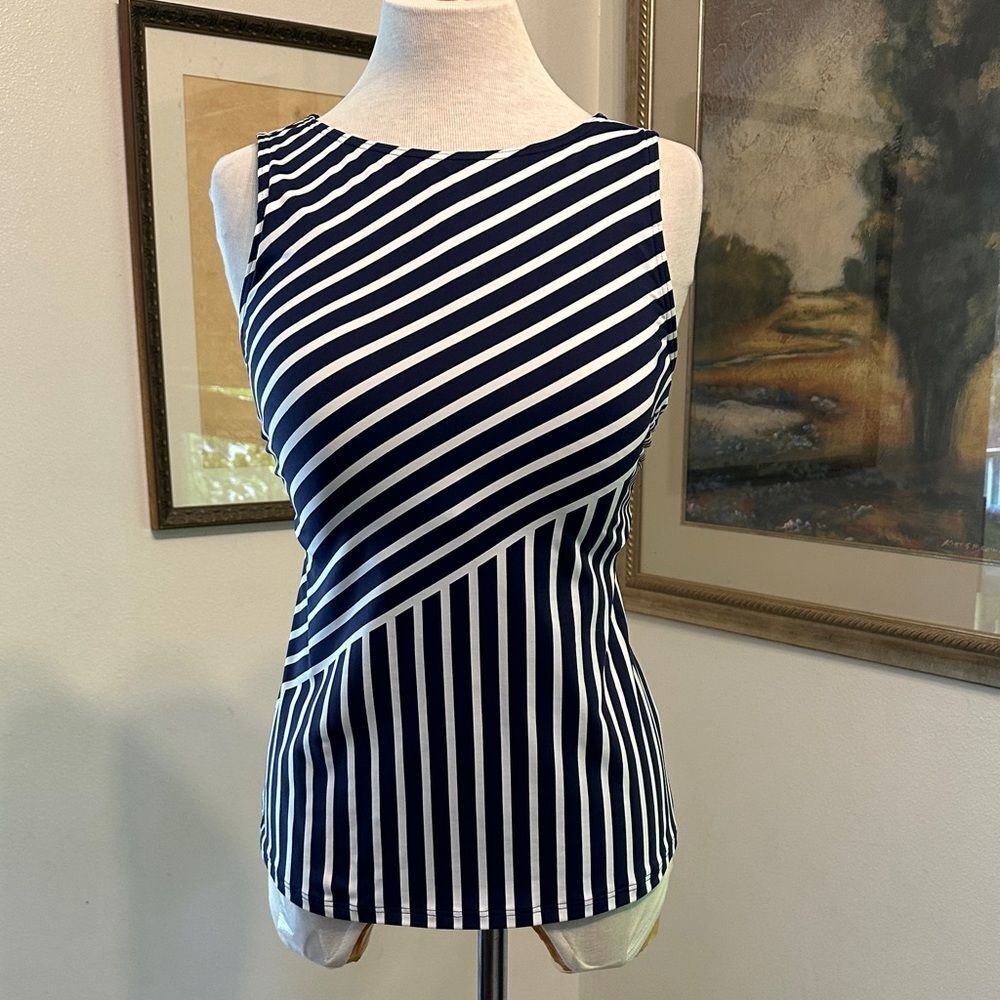 Lands End Navy & White Striped Sleeveless Bathing Suit Top Size 12DD